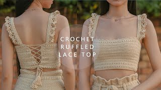 Crochet Ruffled Lace Top Tutorial  Chenda DIY [upl. by Oinigih]