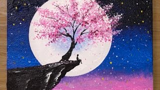 Cherry Blossom under Moonlight  Acrylic Painting Technique 459 [upl. by Chelton]