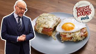 Alton Brown Makes a Croque Madame aka quotMrs Crunchyquot  Worst Cooks in America  Food Network [upl. by Daniela990]