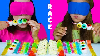 ASMR Candy Race with Closed Eyes Gummy Eyeballs Jelly Straws Peeps Marshmallow [upl. by Ward196]