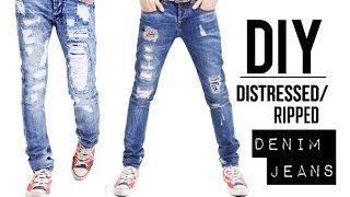 HOW TO DISTRESSED DENIM JEANS EASY  DIY TUTORIAL  JAIRWOO [upl. by Bloem]