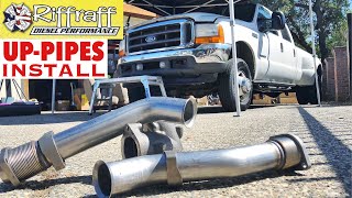 2001 F350 73  RiffRaff UpPipes Install  Stock up pipes leaking and falling apart JUNK SP [upl. by Plossl]