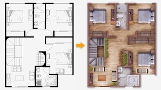 PART 01 Easy Plan Render  Single house plan render in Photoshop [upl. by Camilo]