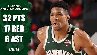 Giannis Antetokounmpo records 32 points 17 rebounds in Bucks vs Blazers  201920 NBA Highlights [upl. by Anitsugua]