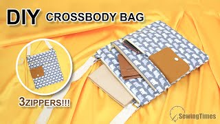 DIY TripleZip CROSSBODY BAG  Multi Pockets Hipster Bag Tutorial sewingtimes [upl. by Aylmer]