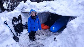 Survival Shelter Winter Camping in Blizzard  Deep Snow Camping in Alaska [upl. by Novyart]