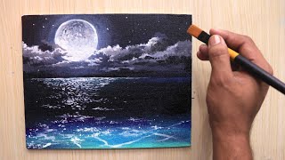 Acrylic painting of beautiful Moonlight night sky landscape step by step [upl. by Cyprio]