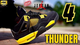 2023 JORDAN 4 THUNDER DETAILED REVIEW amp ON FEET W LACE SWAPS [upl. by Latin962]